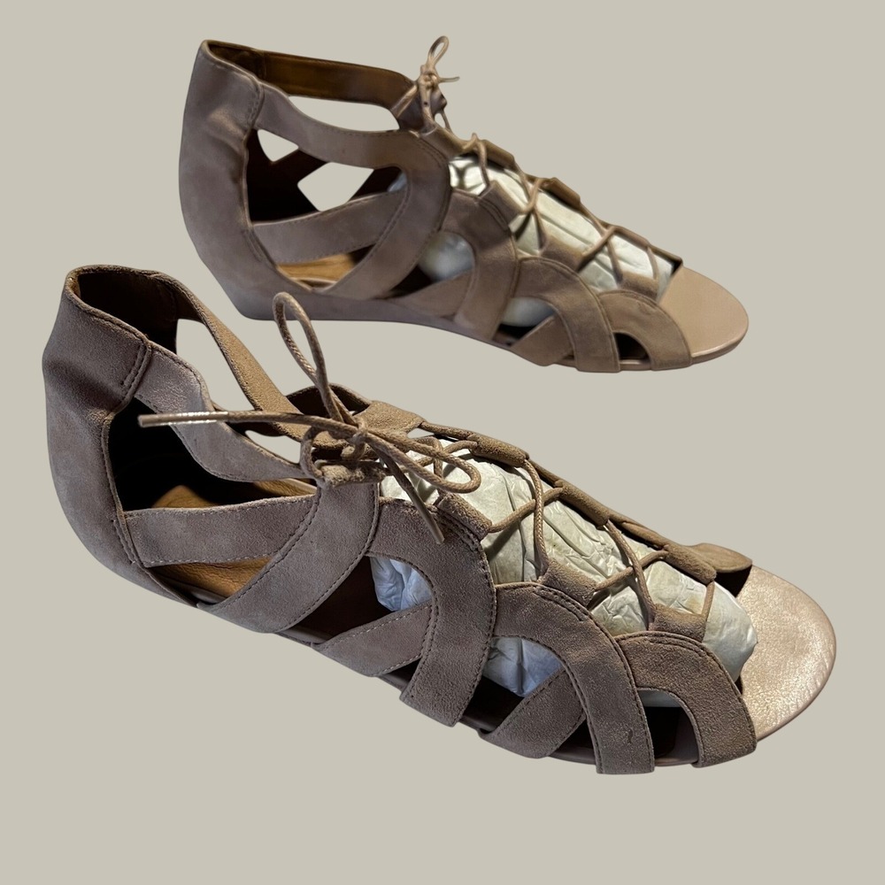 Clarks Artisan Taupe Suede Lace Up Gladiator Wedge Sandals Women Size 10